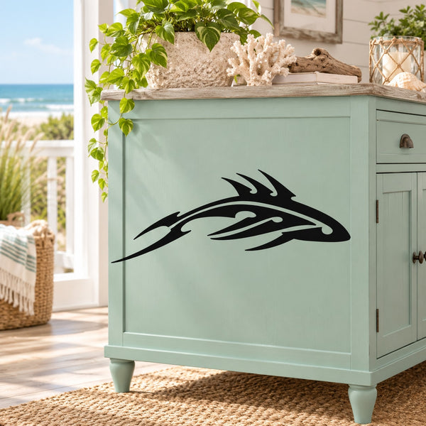 Tribal-style shark decal, black darting shark graphic on mint cabinet front