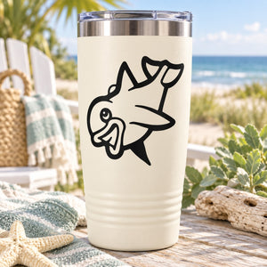 Baby shark decal in black outline on a white tumbler
