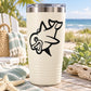 Baby shark decal in black outline on a white tumbler