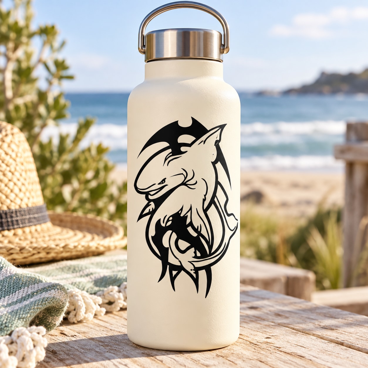 Black shark king decal graphic on a white water bottle