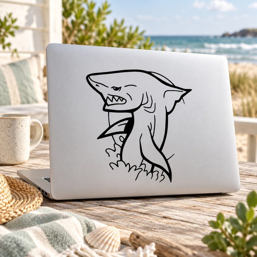 Leaping shark decal graphic with bold outline on a light background
