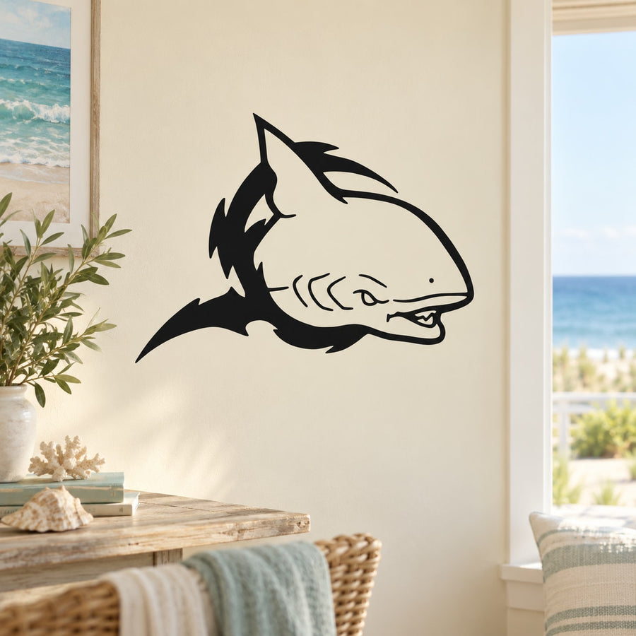 Shark wall decal with stylized open-mouthed face and shadowy fin details