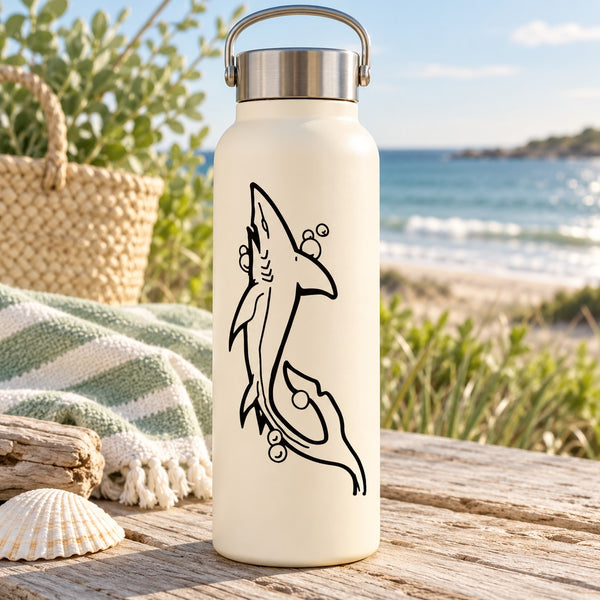 White water bottle with black line-art shark decal on the front