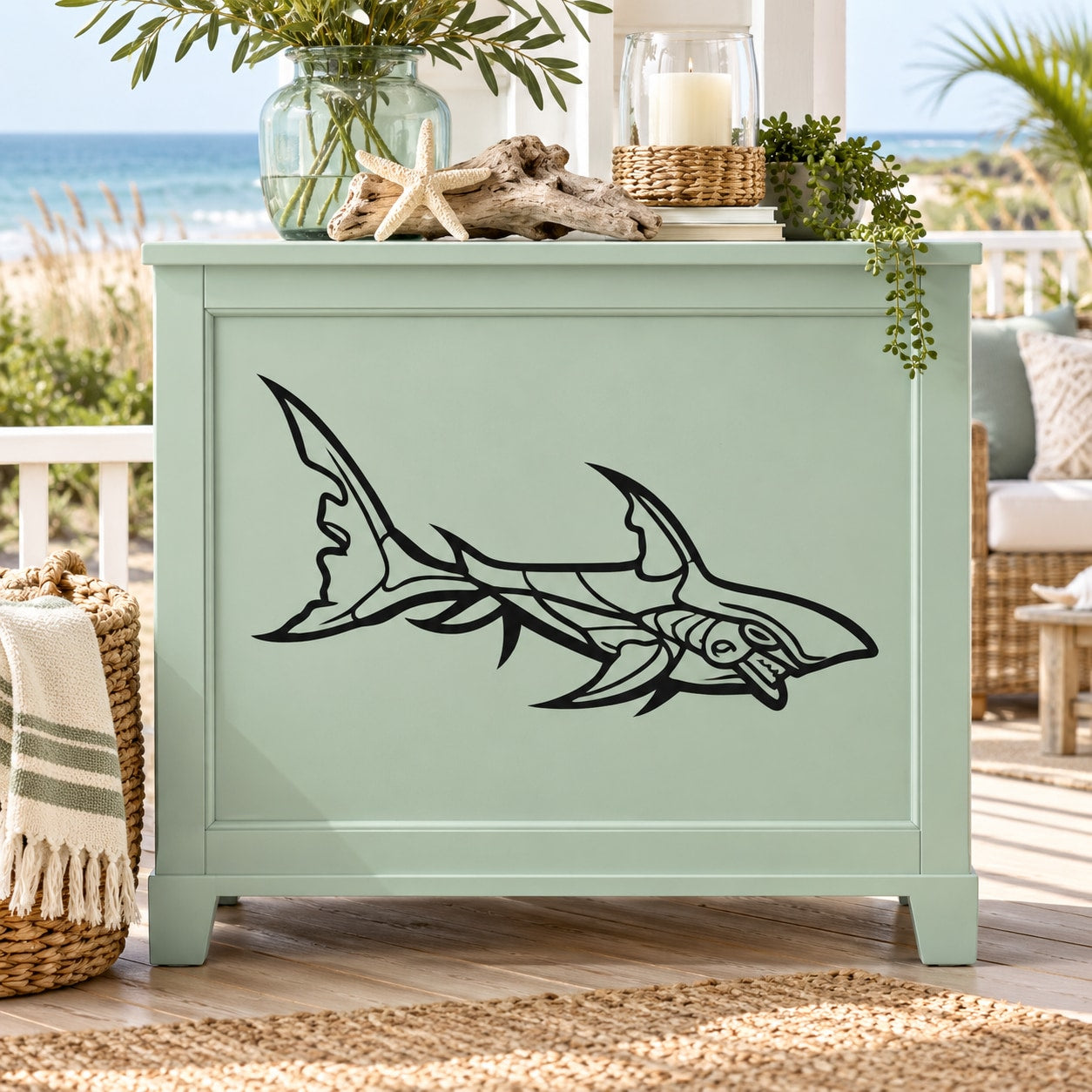 Black outline shark decal with a swimming shark design