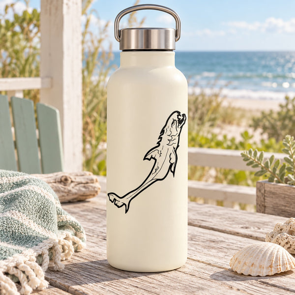 White water bottle with aged shark decal on side