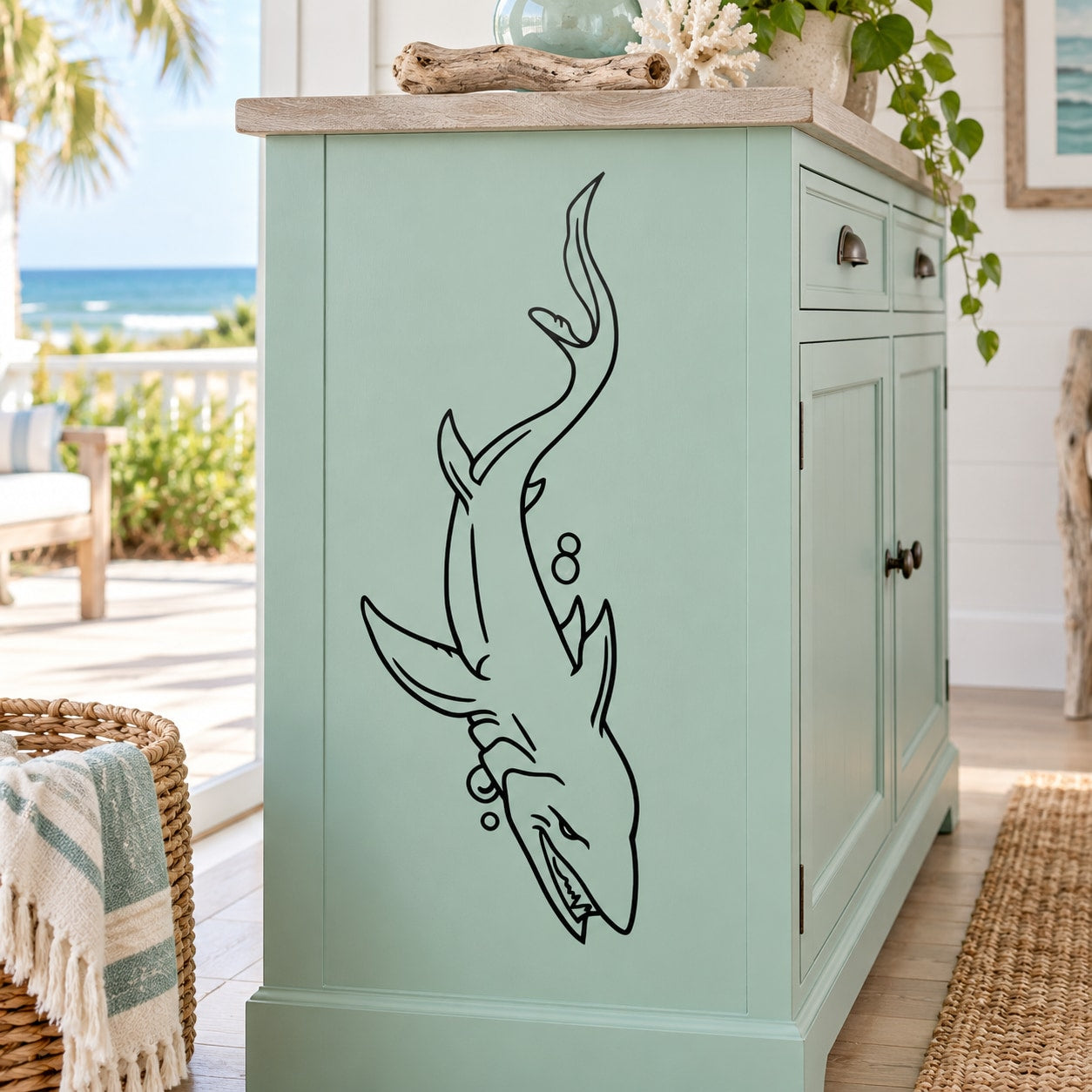 Shark hunting decal, black outline graphic on cabinet door