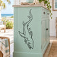 Shark hunting decal, black outline graphic on cabinet door