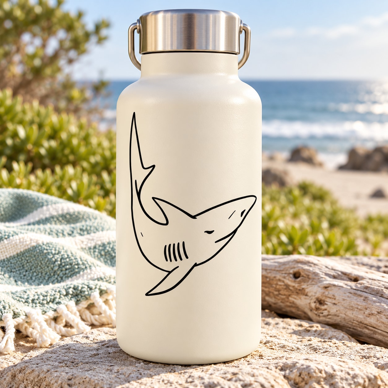 Black line shark decal on cream water bottle