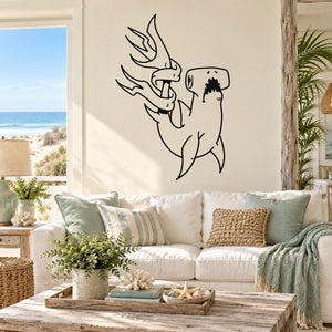 Hammerhead shark and banner decal, black line-art wall sticker of two figures