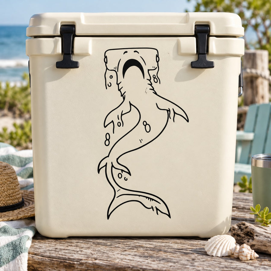 Hammerhead shark decal sticker with rising silhouette in black outline