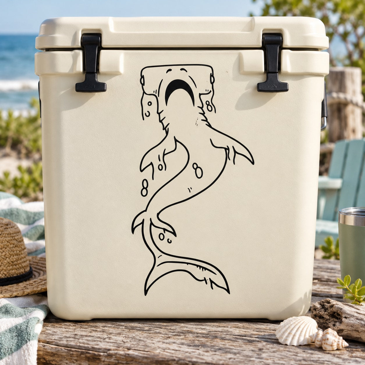 Hammerhead shark decal sticker with rising silhouette in black outline