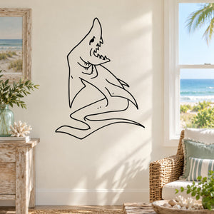 Creepy shark wall decal, black line art outline