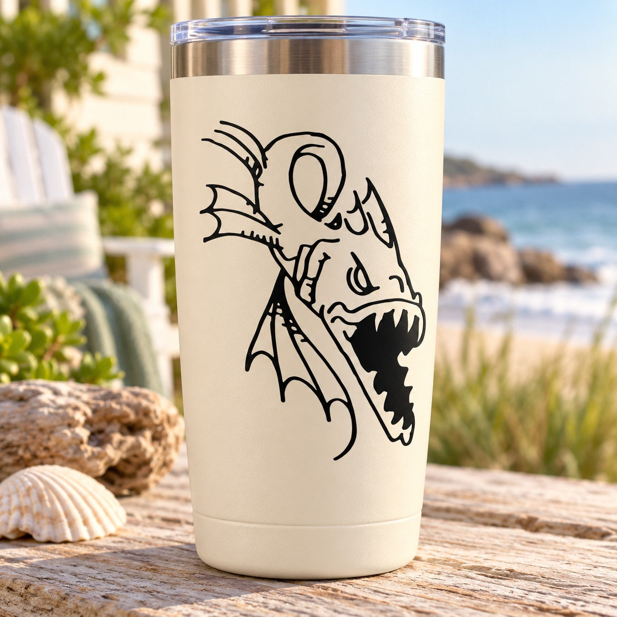 Sea monster head decal on white tumbler, black line art