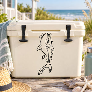 Swimming shark decal with line-drawn outline on a cooler