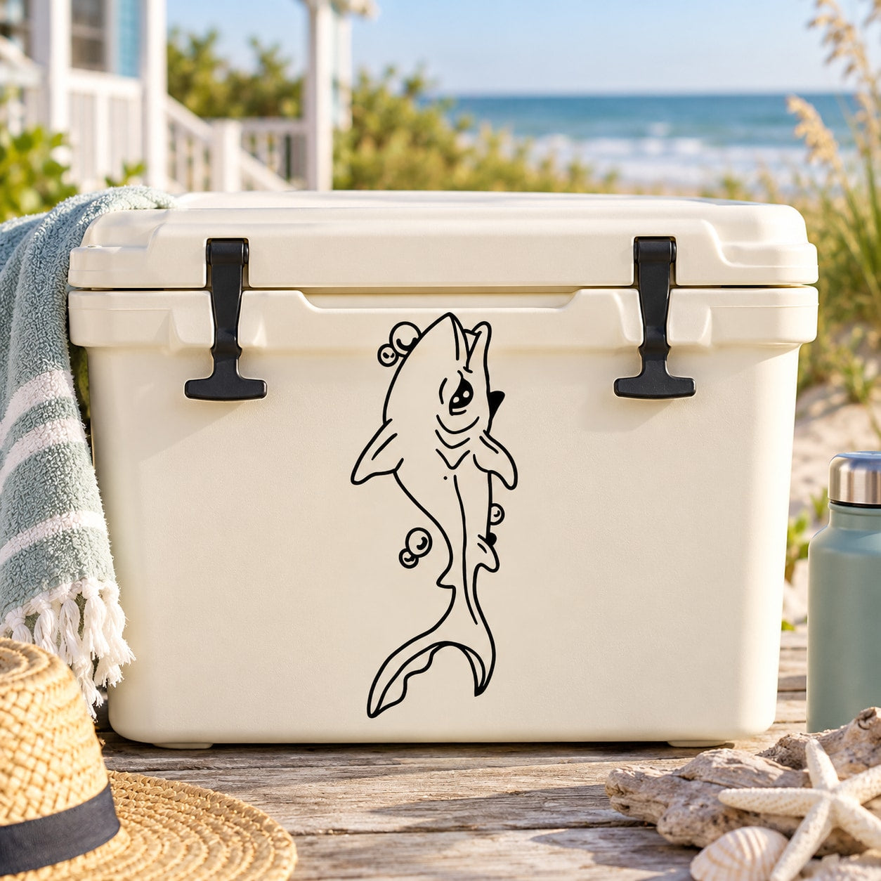 Swimming shark decal with line-drawn outline on a cooler