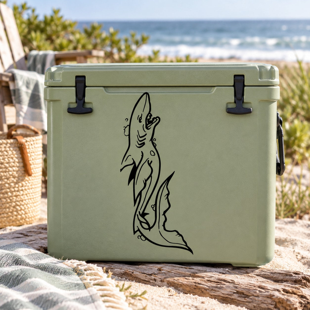 Black line-art striding shark decal on light green hard cooler front panel