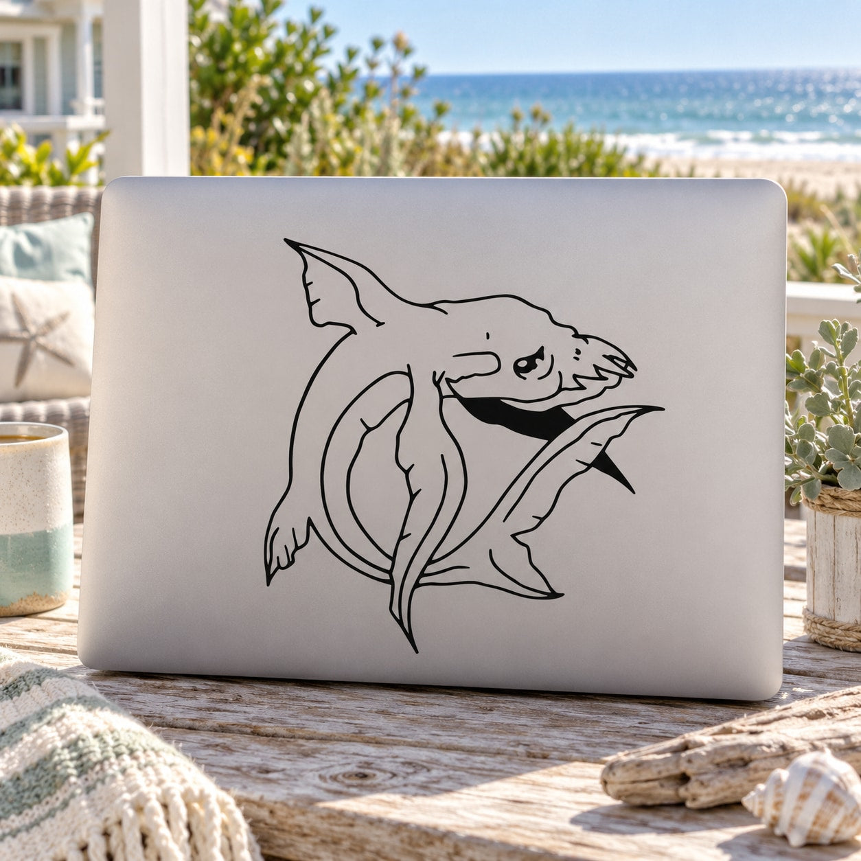 Shark decal with black outline ancient-style shark illustration, centered on a light surface