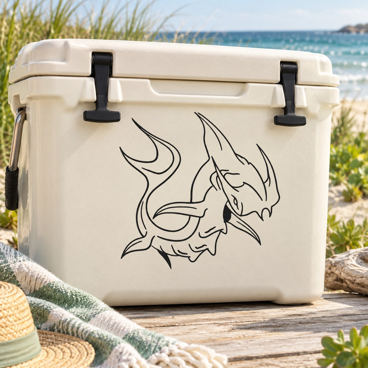 Horned angel shark vinyl decal, black outline line-art fish with horns