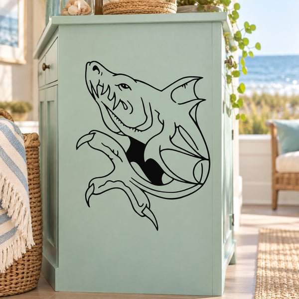 Ogre shark decal with stylized outlined fish face in black