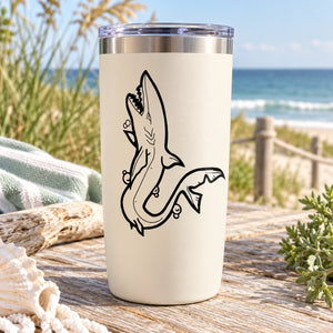 White tumbler with black swimming shark decal graphic on the front