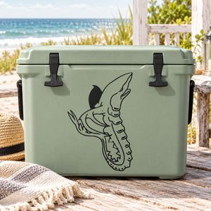 Alien shark decal with black cartoon fins and face on light green cooler