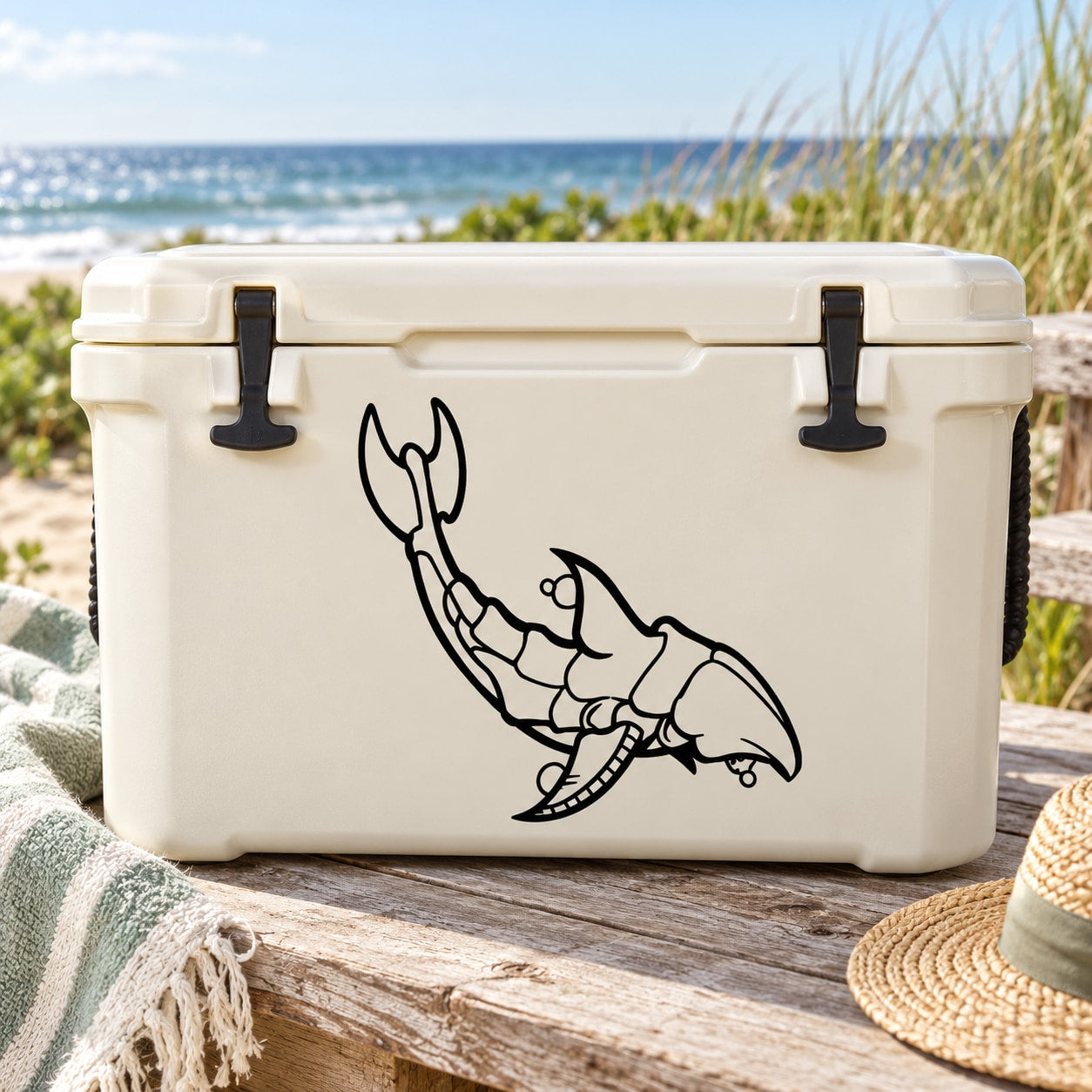 Black armored shark decal on white cooler lid