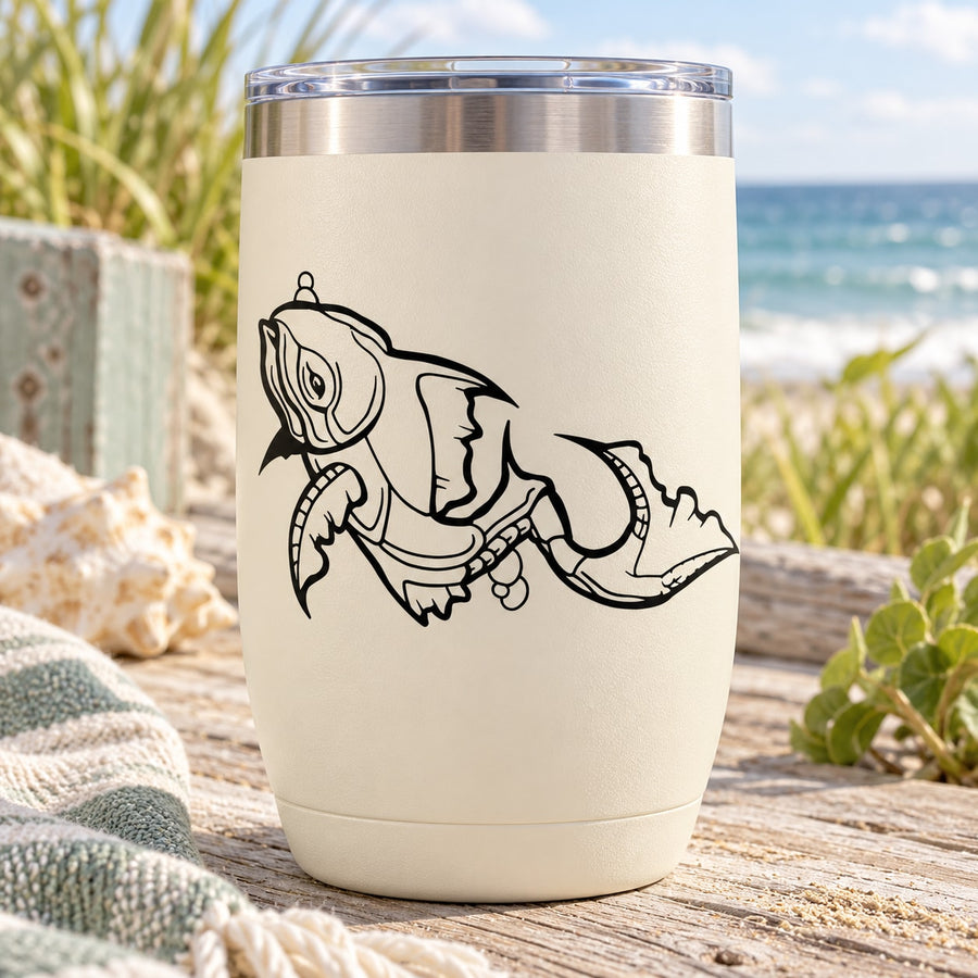 White tumbler decal with black line-art Alaskan swivel shark illustration
