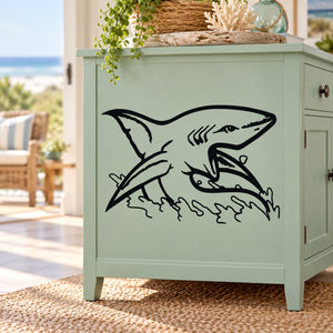 Shark wall decal with black outline of multiple sharks and waves