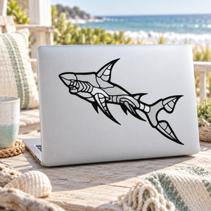 Shark decal with black inuit-style geometric sharks on laptop