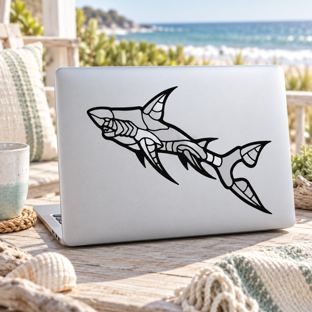 Shark decal with black inuit-style geometric sharks on laptop