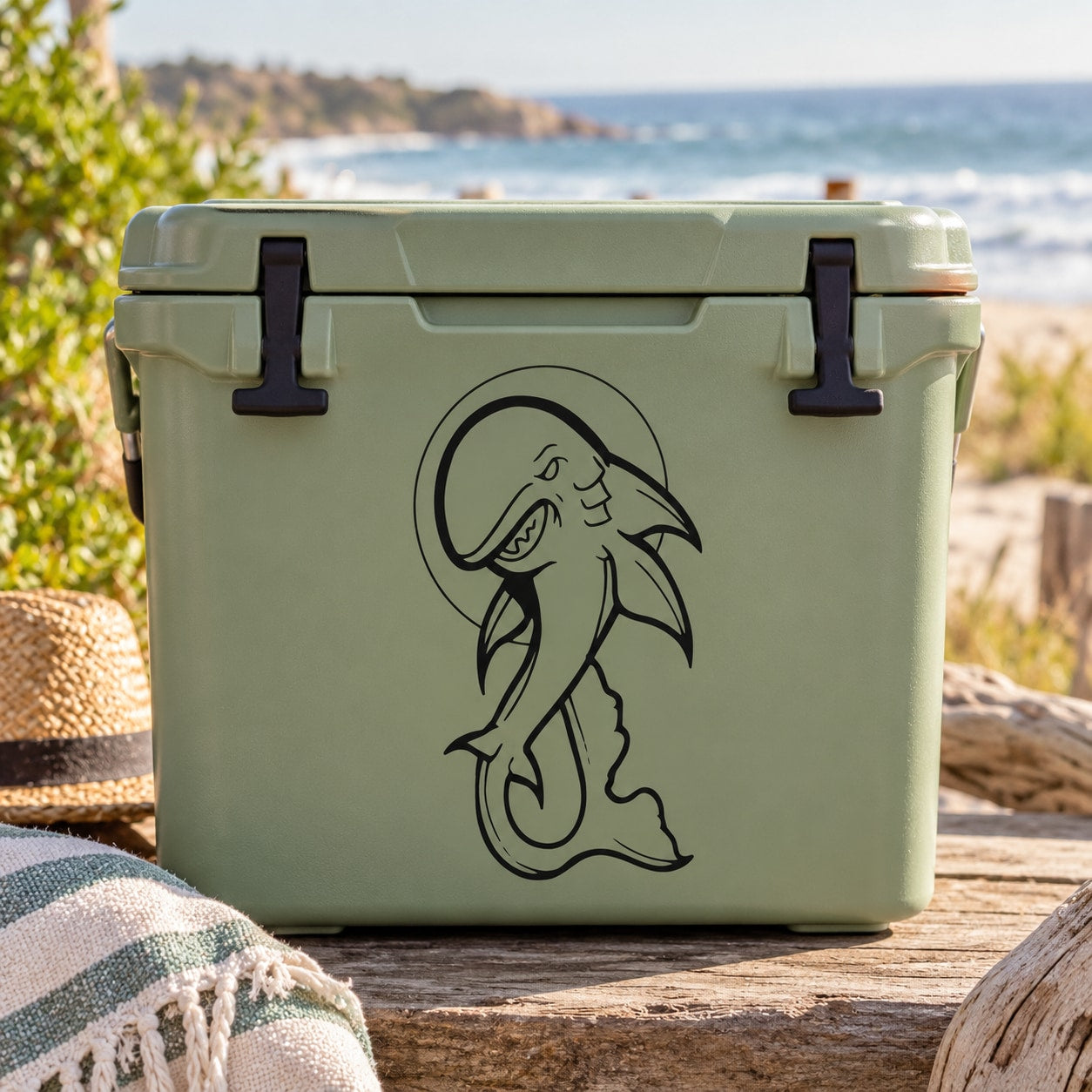 Shark and moon vinyl decal on light green cooler, black outline illustration