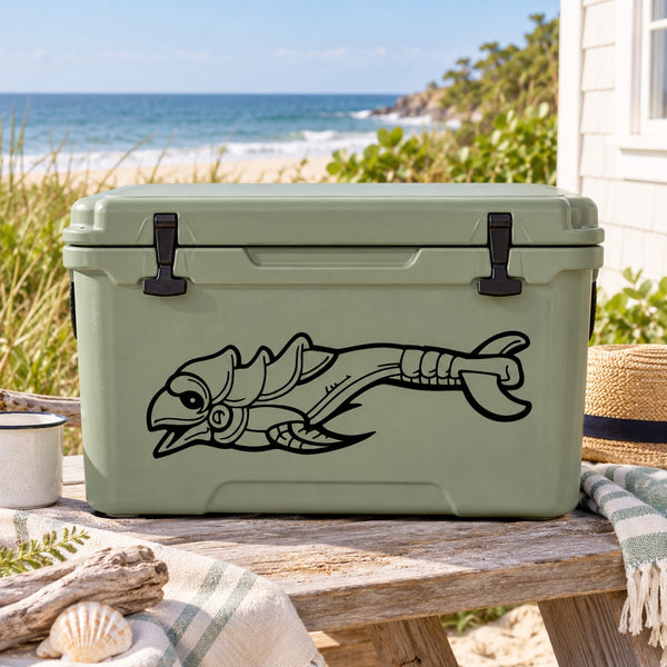 Armored swimming shark decal with finned outline graphic on a cooler