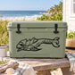 Armored swimming shark decal with finned outline graphic on a cooler