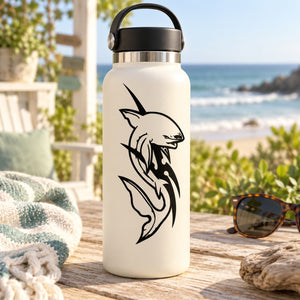 White insulated bottle with black tribal shark decal