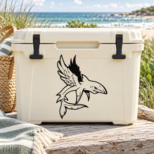 Flying shark with wings decal graphic on light-colored cooler lid