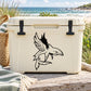 Flying shark with wings decal graphic on light-colored cooler lid