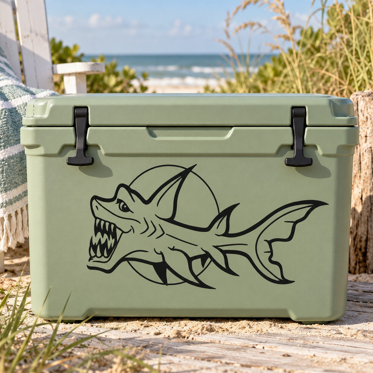 Shark decal, black demon shark graphic on pale green cooler
