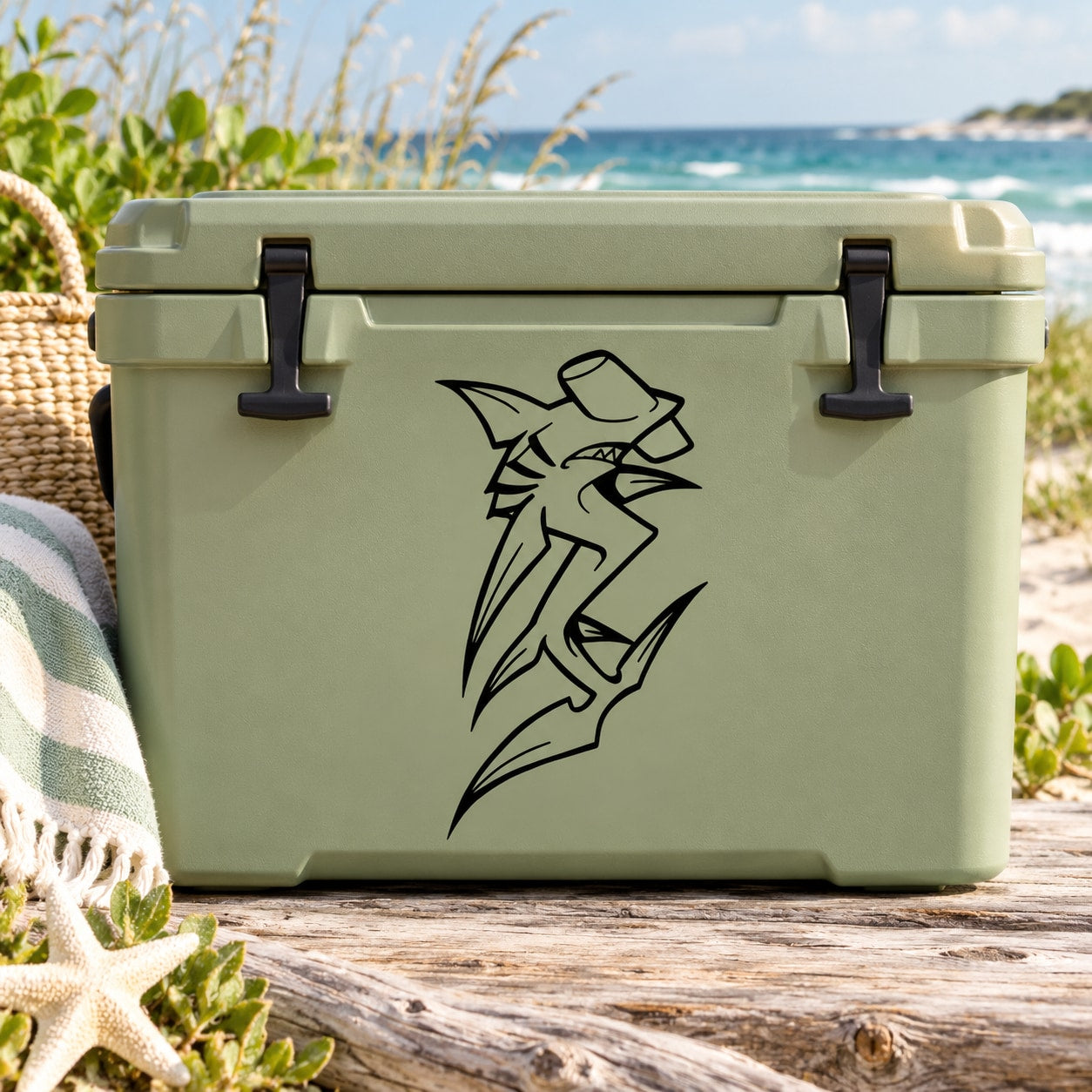 Hammerhead shark abstract decal in black on a light green rectangular cooler