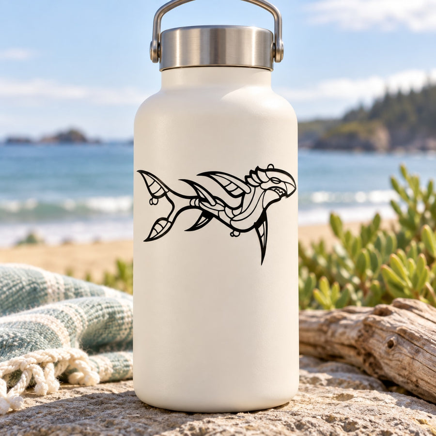 White water bottle with black shark graphic decal