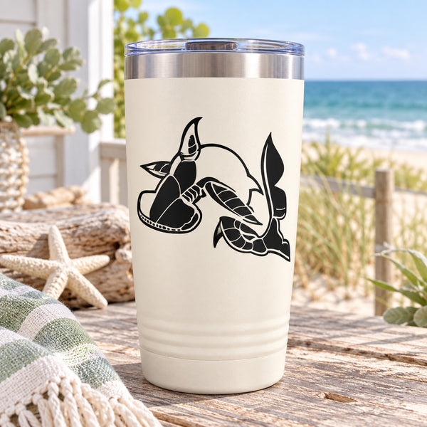 White tumbler with black swimming hammerhead shark decal and stainless lid