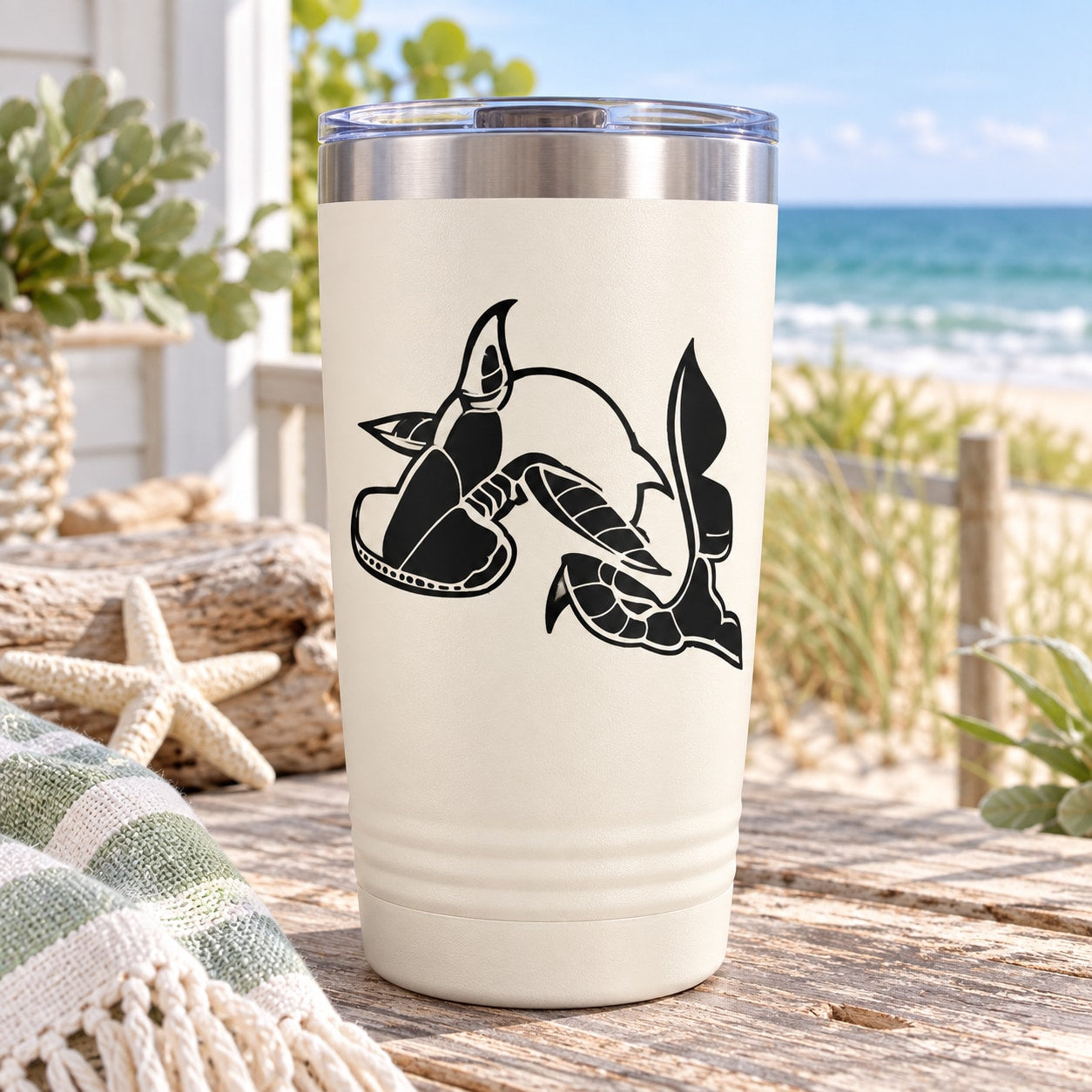 White tumbler with black swimming hammerhead shark decal and stainless lid