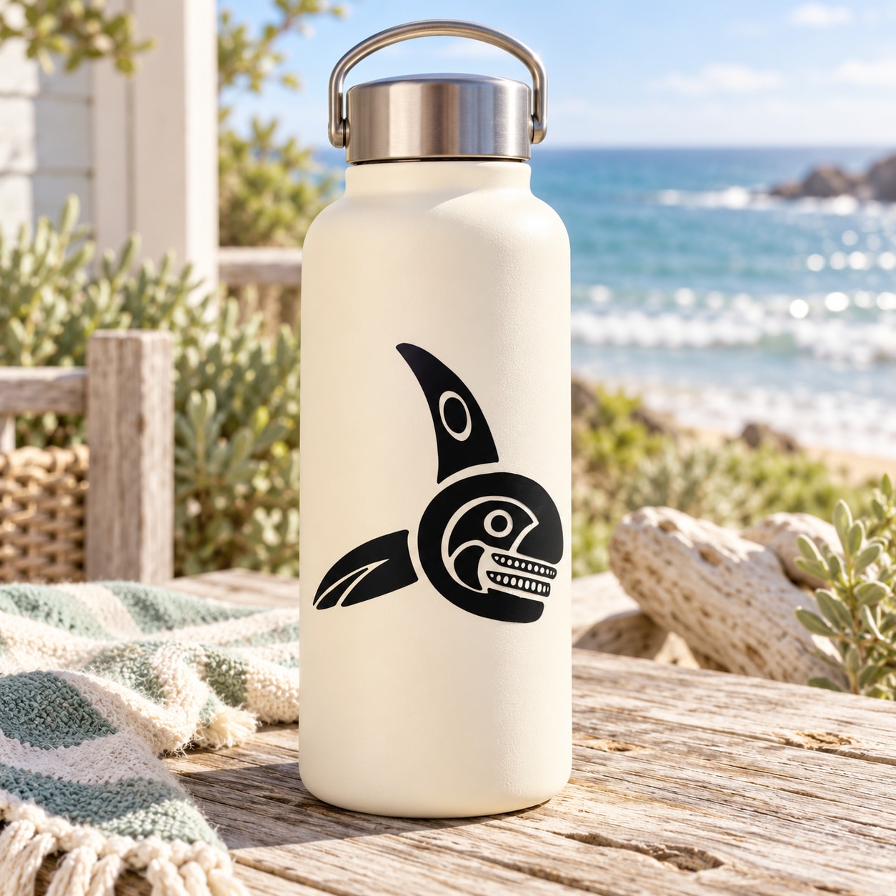 Inuit Alaskan shark decal on cream bottle, black tribal-style fish design