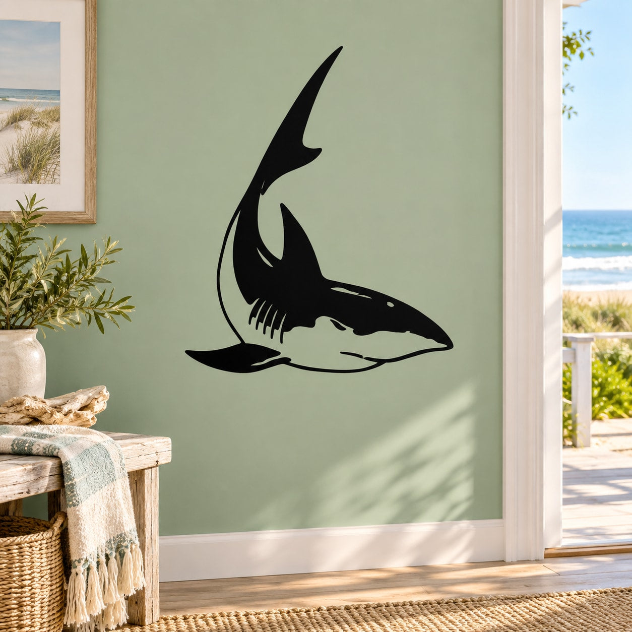 Black shark wall decal with angled fins and tail silhouette