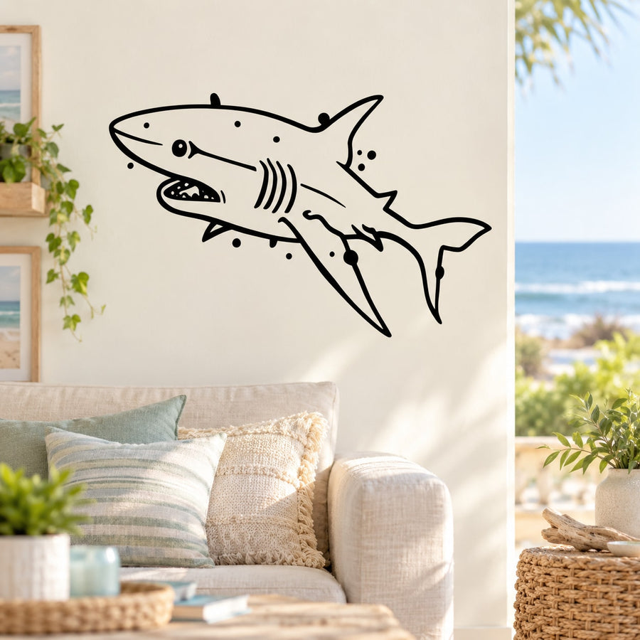 Shark chomper wall decal, black line art graphic with teeth