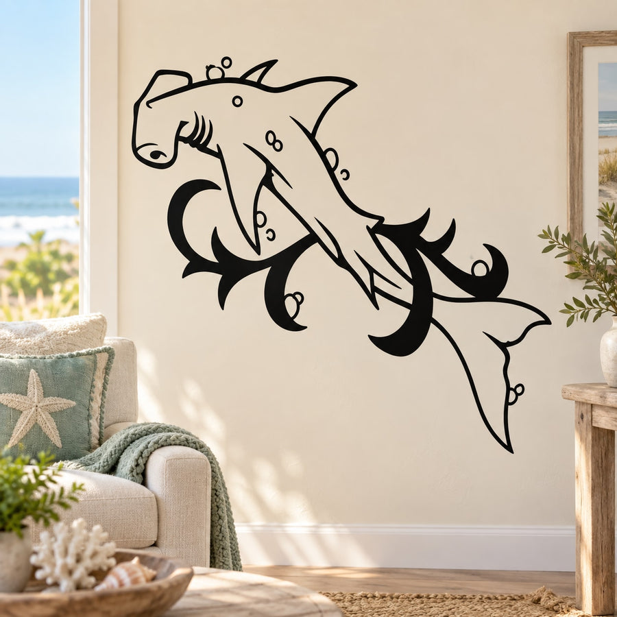 Hammerhead shark wall cling decal, black seaweed-style line art