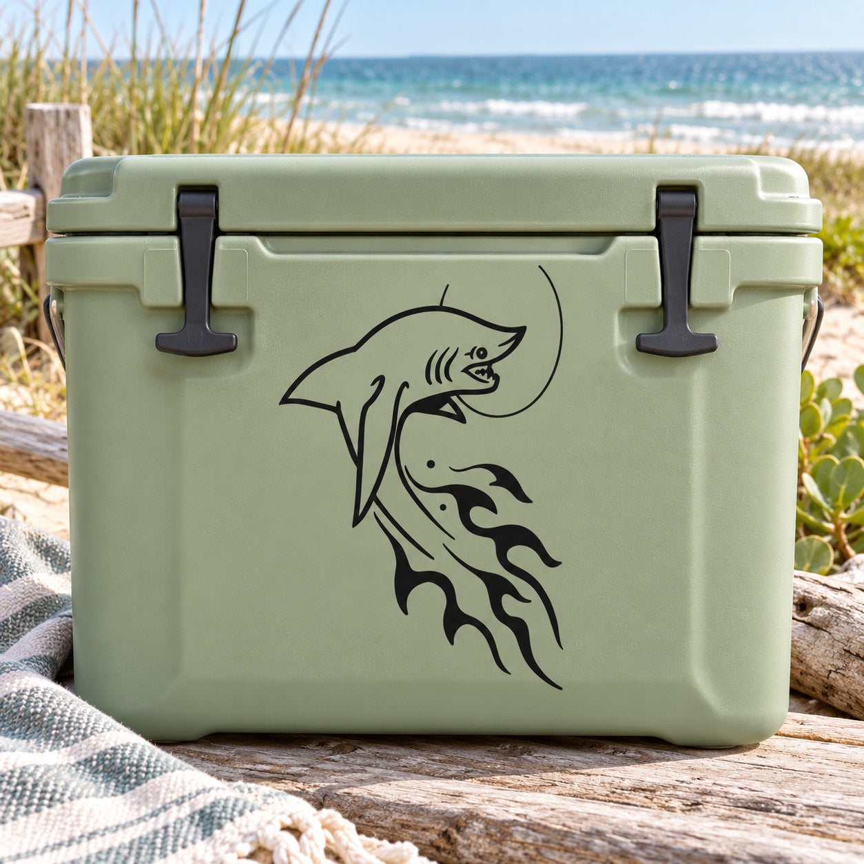 Shark flame-tail decal in black on a light green cooler lid