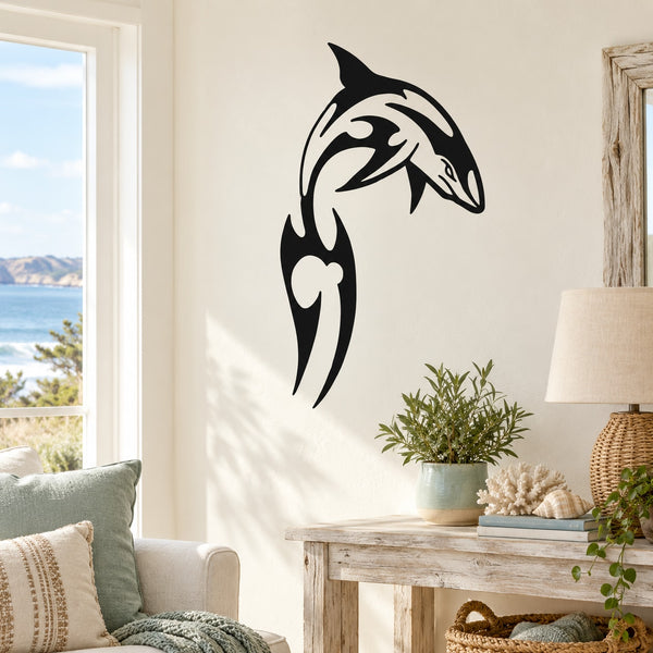 Leaping shark wall decal in black and white, stylized fin and tail