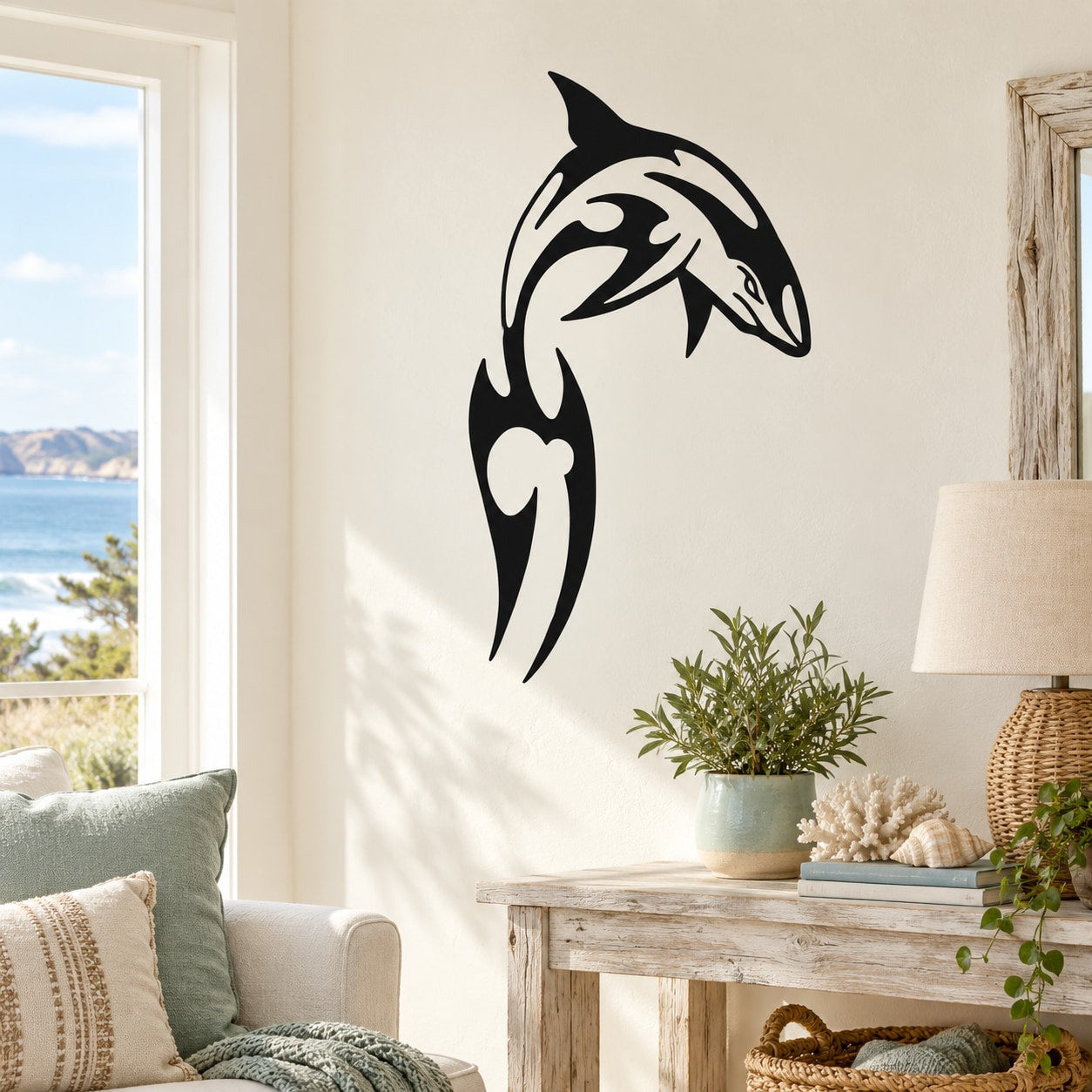 Leaping shark wall decal in black and white, stylized fin and tail
