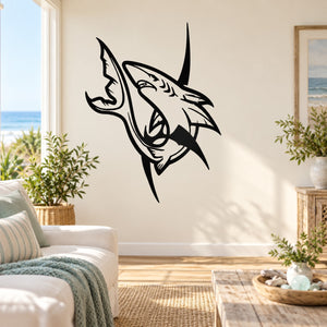 Black and white shark head wall decal with stylized razor design