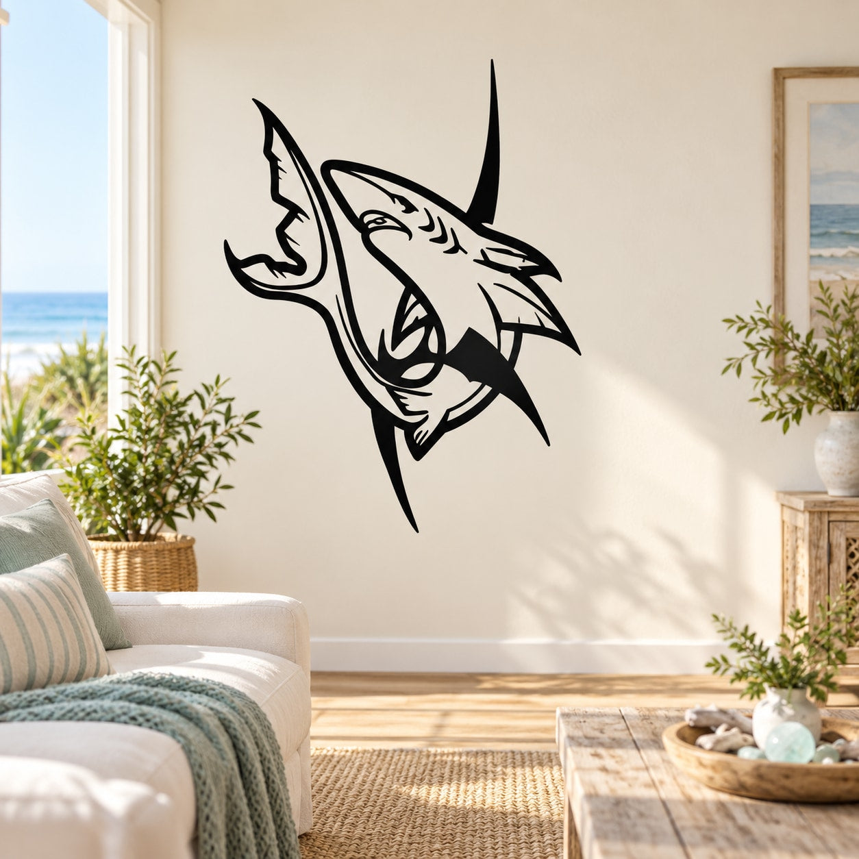 Black and white shark head wall decal with stylized razor design